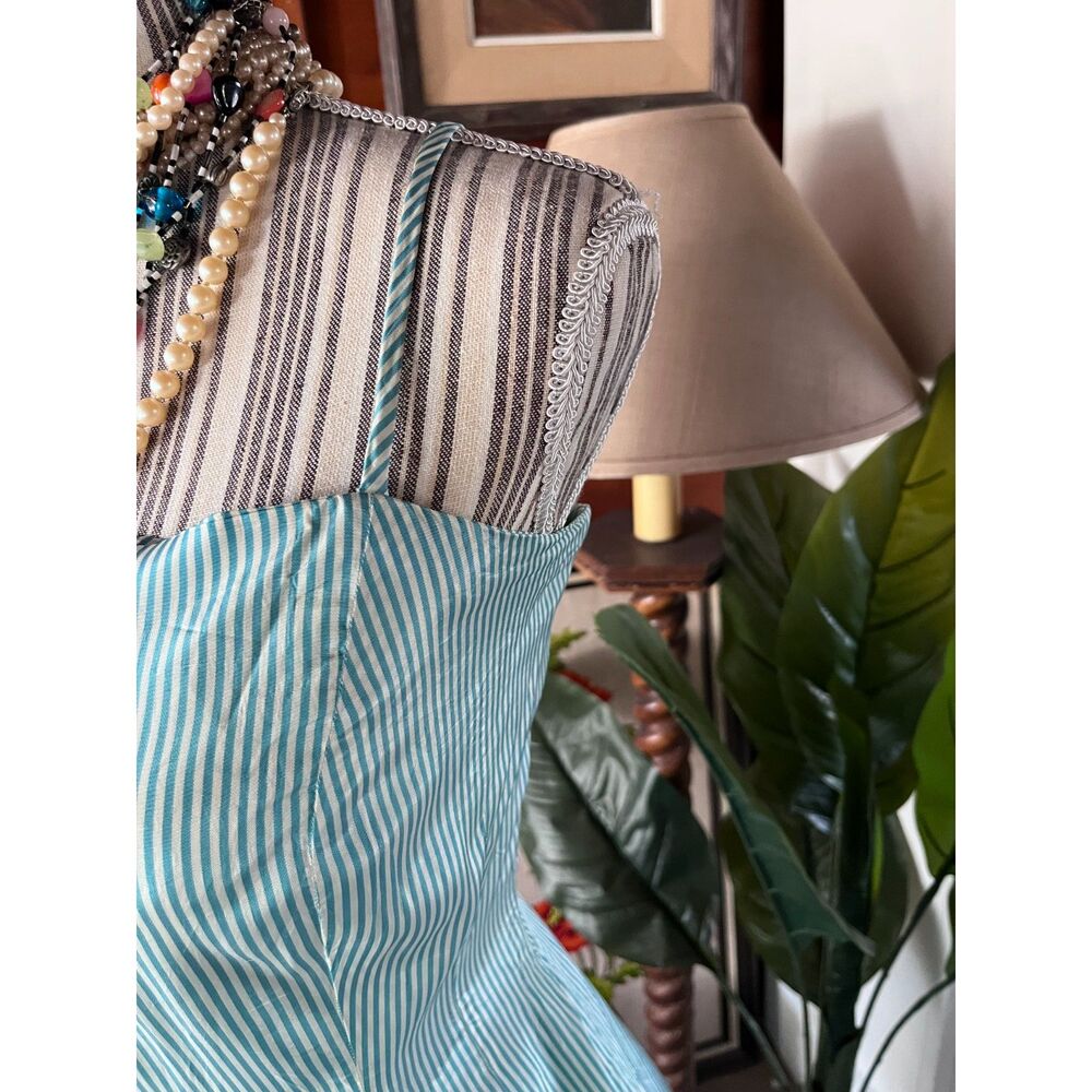 Vintage Handmade Spaghetti Strap Striped Pastel Green Acetate Dress Size 10-12 - Picture 7 of 11